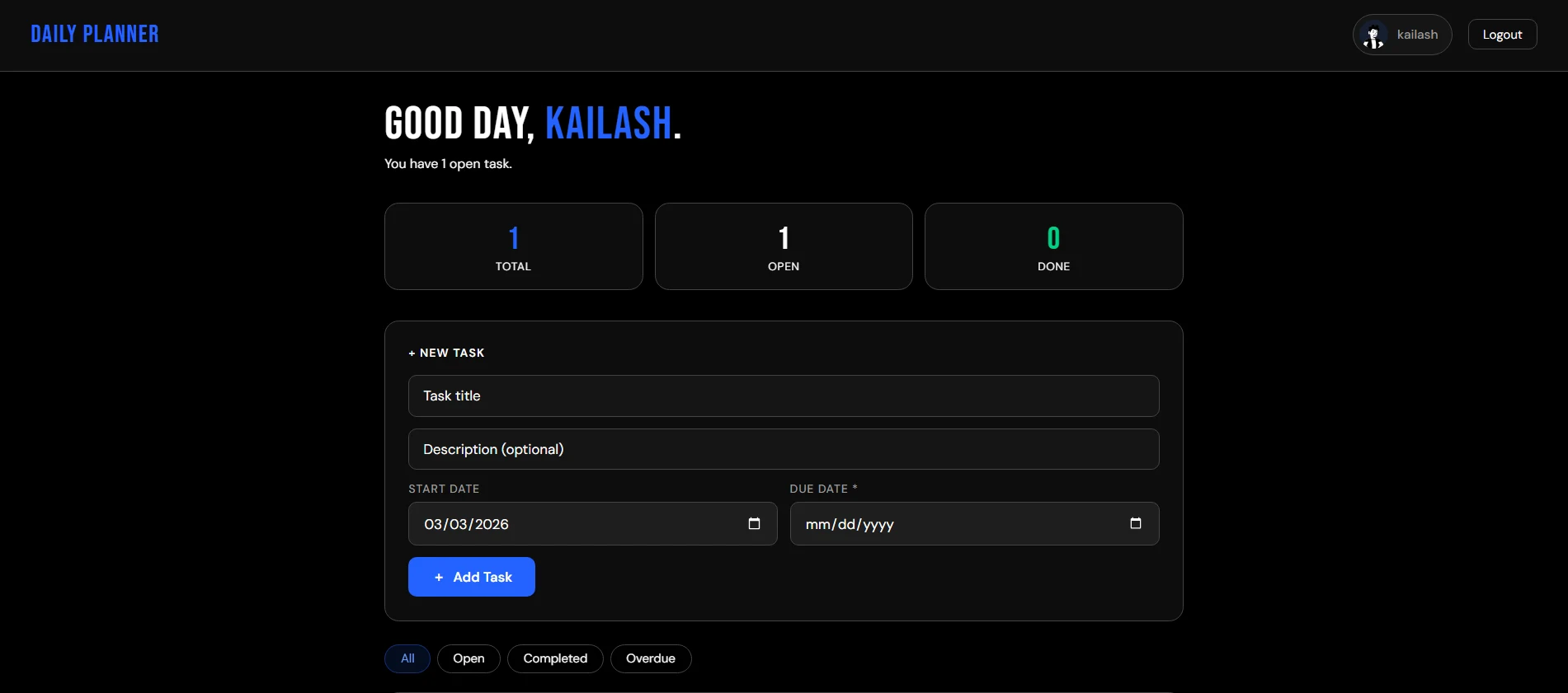  dashboard screenshot for Daily Planner project